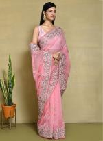 Organza Satin Silk Pink Wedding Wear Embroidery Work Saree